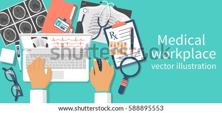 Doctor with laptop at desk studying documents of diagnostic research. Workplace doctor at table. Top view of the workplace, medical equipment. Vector illustration flat design. Isolated on background.