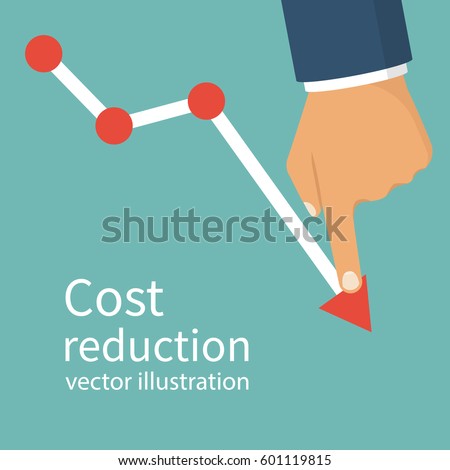 Cost reduction concept. Cost down. Businessman with his hand lowers the arrow of the graph. Vector illustration flat design. Isolated on background. Decrease down profit. Declining chart.