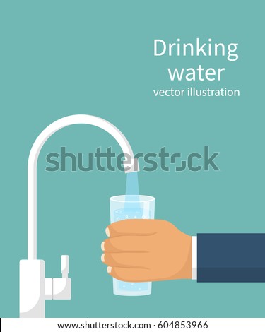 Pour water into the glass from the filter. Cup of purified water holding in hand. Vector illustration flat design. Isolated on background. Man drinking healthy beverage. Person filling up a glass.