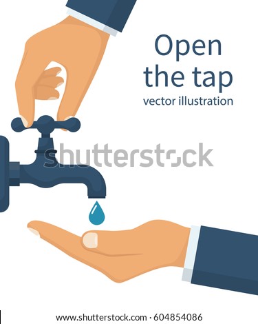Hand open for drinking tap water. Drink a falling drop. Liquid in the palm. Vector illustration flat design. Isolated on white background. Turn on and turn off faucet. Saving water.