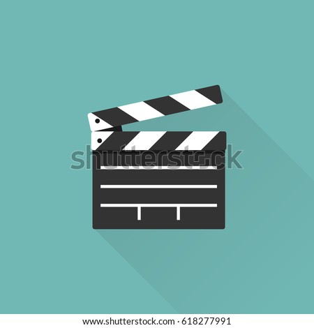 Movie clapper board isolated on background with a long shadow. Open clapperboard. Cinematography concept. Template for the director's instructions, the producer. Vector illustration flat design.