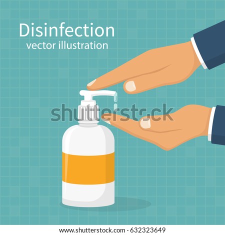 Disinfection concept. Liquid soap with pumping from bottle. Applying a moisturizing sanitizer. Man washing hands. Vector illustration flat design. Isolated on blue background. Place for text, template