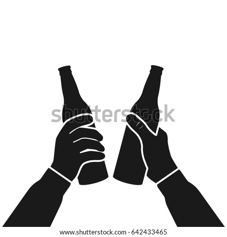 Beer party icon silhouette. Two mans holding in hands beer bottles. Toast. Drinking alcoholic beverages. Friday party. Vector flat design. Isolated on white background. Drinking together pictogram.
