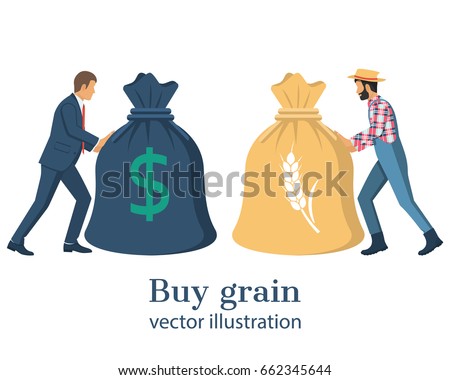 Buy grain. Business meeting businessman and farmer. Transaction of sale crops. Agricultural income concept. Push big bag with money and grain. Agribusiness background, isolated. Vector flat design.