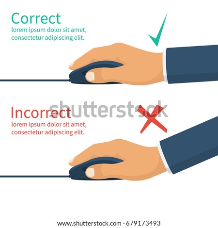 Correct and incorrect position of hands on mouse. Wrong and right using computer mouse, infographic. Press key, cursor. Pc device. Vector illustration flat design. Isolated on white background.