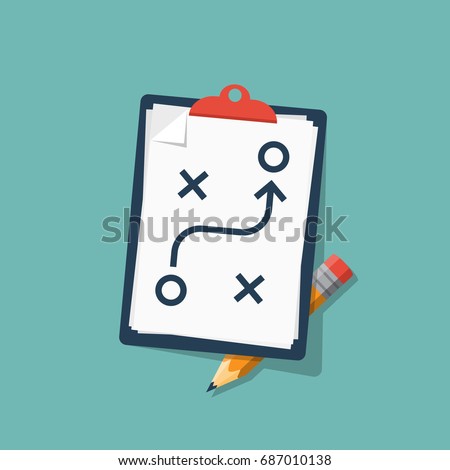 Planning strategy concept. Business tactic. Clipboard pencil. Vector illustration flat design. Isolated on background. Chart project analysis . Scheme of action on white sheet. Plan to achieve goal.