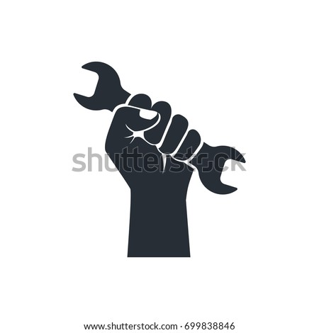 Wrench in hand icon. Black silhouette isolated on white background. Vector illustration flat design. Spanner pictogram. Handle industrial tool for repair. Symbol of heavy mechanical work, logo.