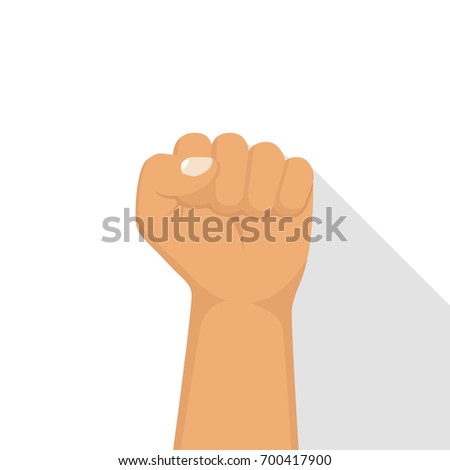 Hand male clenched fist raised to top. Can be used as a winner, revolutionary, a rebel. Show fist. symbol of freedom, force, protest. Vector illustration flat design. Isolated on white background.