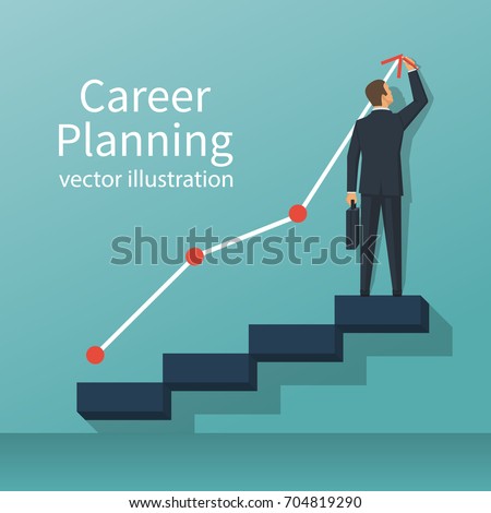 Career planning. Businessman draws graph of growth standing at stairs steps. Concept of career growth. Vector illustration flat design. Isolated on background.