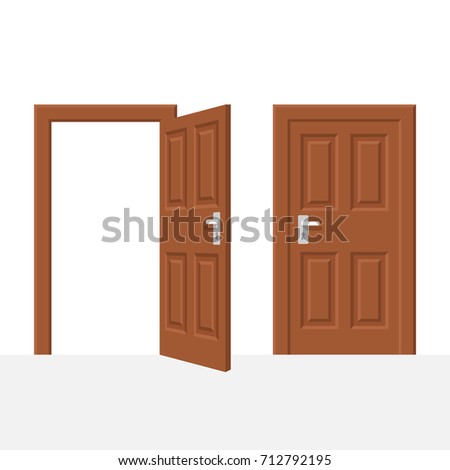 Open and closed wood door isolated on white background. Vector illustration flat style. Element of interesting design.