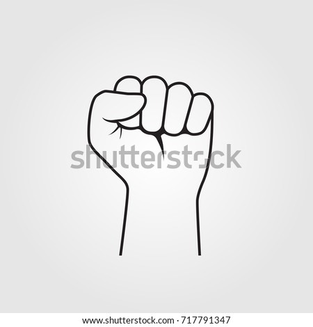 Fist hand up. Line flat design. Isolated on white background. Vector illustration. Clenched fist raised to top.  Symbol of winner.