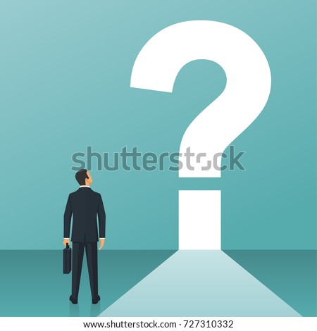 What's next concept. Big question mark on a way. Businessman in suit with briefcase faces an unknown open. Vector illustration flat design. Isolated on white background.