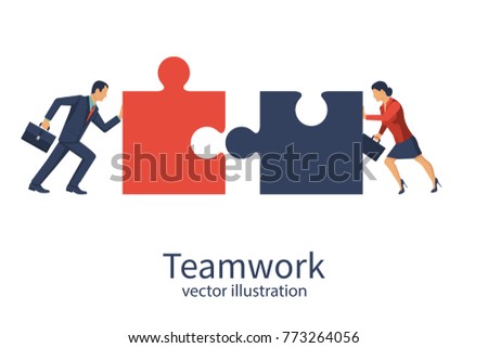 Business concept. Teamwork metaphor. Businessman and businesswoman connecting puzzle elements. Vector illustration flat style design. Combining two pieces. Working together, cooperation, partnership.