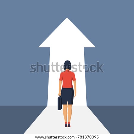 Way forward concept. Businesswoman in suit stands in front of an arrow ahead. Look into future. Business metaphor. Direction to achieve goal. Vector illustration flat design. Isolated on background.