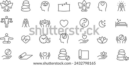 Vector Line Drawing Icon Set Related to Meditation and Mindfulness