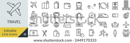 Editable Line Vector Travel Line Art Icon Set (not outlined)