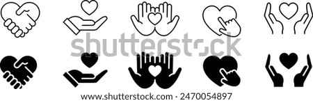 Vector Heart and Hand Monochrome Icon Set