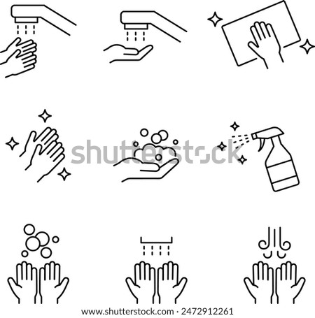 A set of linear icons related to vector hand washing and disinfection