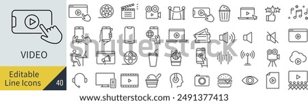 Vector Monochrome Video Line Art Icon Set