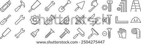 A Monochrome Tool Line Drawing Icon Set in Vector