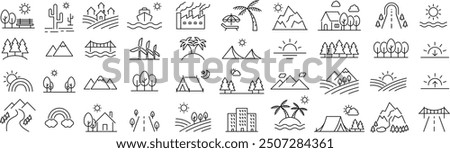 Vector Monochrome Line Drawing Icon Set for Scenery