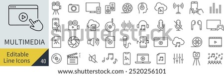 Vector Monochrome Multimedia Line Art Icon Set