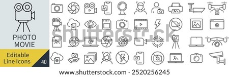 Vector Monochrome Photo and Video Line Art Icon Set