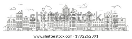 Amsterdam old style houses. Typical dutch canal houses lined up near a canal in the Netherlands. Building and facades for Banner or poster. Vector outline illustration.