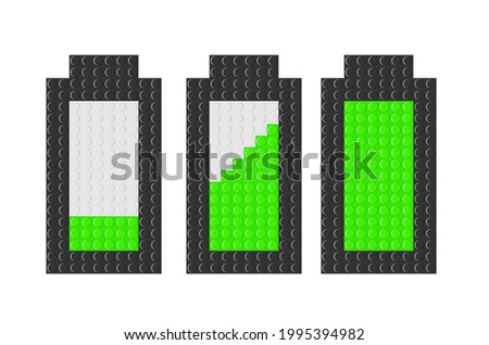 Set of battery icons with different charge levels on white background. Battery indicator with brick blocks toy. Vector illustration isolated on white background.