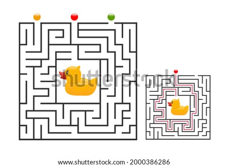 Square maze labyrinth game for kids with rubber duck. Logic conundrum. Three entrance and one right way to go. Vector illustration isolated on white background.