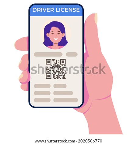 Driving license on the cell phone screen. Mobile app for personal identification. Vector illustration