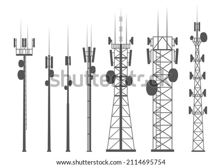 Transmission cellular towers silhouette. Mobile and radio communications towers with antennas for wireless connections. Outline vector illustrations set