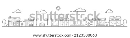 City skyline in line art style. Landscape with row houses of bakery, bus stop, super market, pharmacy and post office. Street horizontal panorama. Vector illustration