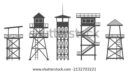 Observation tower in prison, army and for safari hunting. Military camp post silhouette vector illustration.