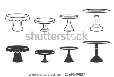 Set of cake stands in flat icon style. Empty trays for fruit and desserts. Vector silhouette and outline illustration.