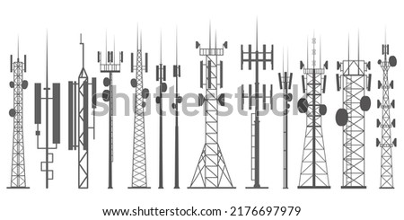 Mobile towers set. Internet network. Radio antennas and cellular communication constructions. Vector silhouette outline illustration.