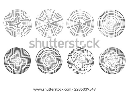 Circle concentric lines. Rippled rings and round sound waves pattern. Radial signal radar signs. Vector abstract sonar isolated on white background.