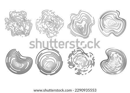 Linear wooden tree rings pattern. Topography circles with map texture. Circular wavy shapes. Abstract outline trunk rounds.