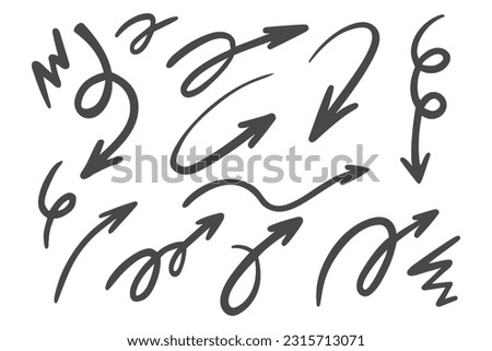 Doodle arrows set. Hand drown lines and curve scribbles. Vector scetch of abstract pointer in different shapes isolated on white background.