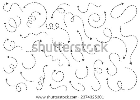 Arrows vector set. Curved hand drawn dotted elements. Doodle outline black stroke. Simple cartoon swirl scribble isolated on white background