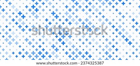 Medical cross and plus background. Abstract seamless blue pattern for hospital and pharmacy. Geometrical shapes ornament. Vector backdrop.