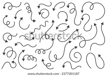 Arrows vector set. Curved hand drawn elements. Doodle outline black stroke. Simple cartoon swirl scribble isolated on white background