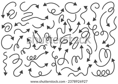 Arrows vector set. Curved hand drawn elements. Doodle outline black stroke. Simple cartoon swirl scribble isolated on white background