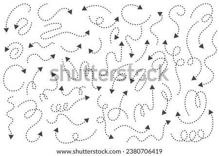 Arrows vector set. Curved hand drawn dotted elements. Doodle outline black stroke. Simple cartoon swirl scribble isolated on white background