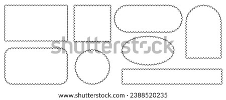 Scallop edge border and frame. Square circle and rectangle shape. Vector lace frill. Simple cute label. Outline decorative collection.