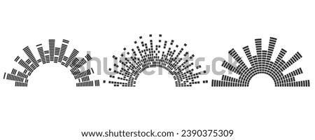 Semicircle sound wave. Audio music equalizer. Round circular icons set. Spectrum radial pattern and frequency frame. Vector design.