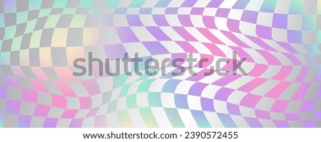 Checkerboard wavy pattern. Abstract holographic chessboard vector print. Y2k psychedelic optical foil grid. Swirl rainbow geometric retro design.