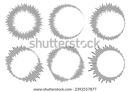 Circle sound wave. Audio music equalizer. Round circular icons set. Spectrum radial pattern and frequency frame. Vector design.