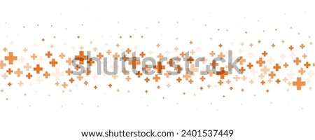 Medical cross and plus background. Abstract seamless orange background for hospital and pharmacy. Geometrical shapes ornament on border. Vector backdrop.