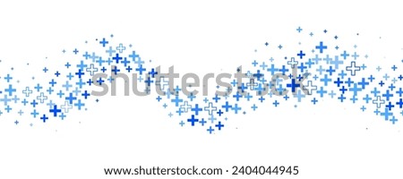 Medical cross and plus wavy background. Abstract seamless blue background for hospital and pharmacy. Geometrical shapes ornament on border. Vector backdrop.